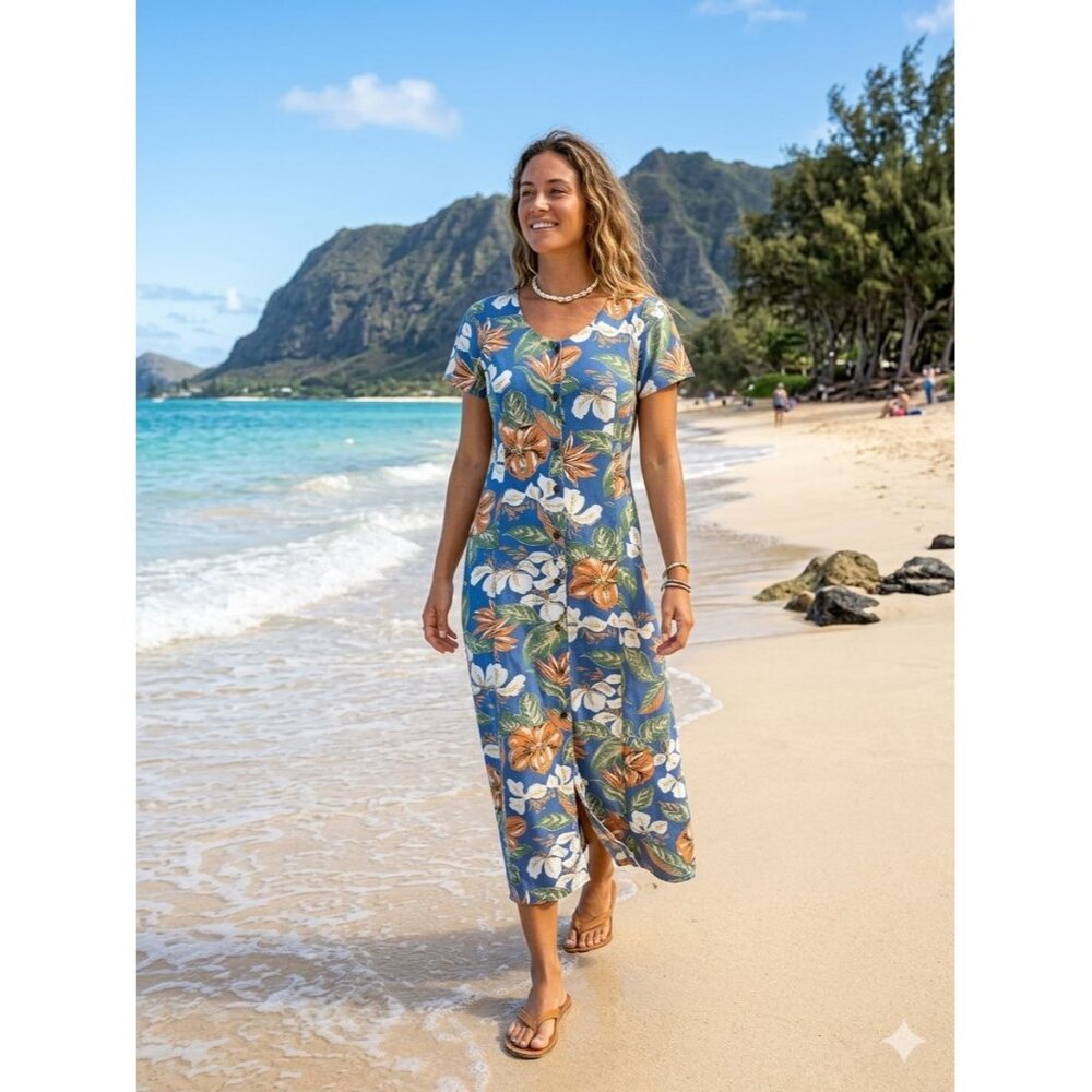 Vtg Hilo Hattie Hawaiian Dress M Blue Hibiscus Floral Rayon Midi Muumuu Tropical - Picture 1 of 10